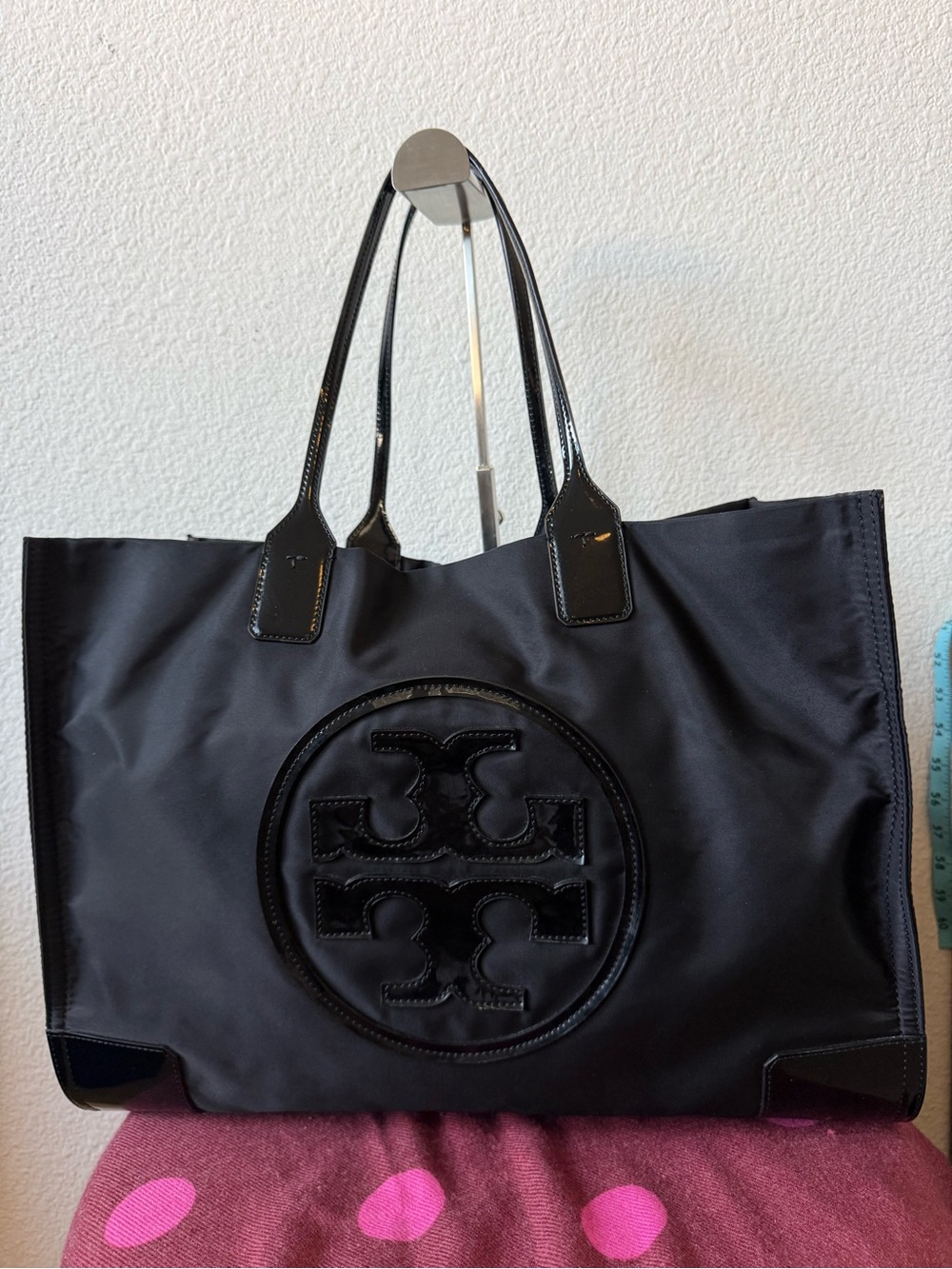 Tory Burch Ella Black Nylon Patent Logo Large Tote Shoulder Bag